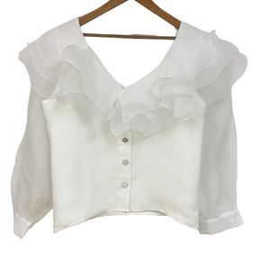 VINTAGE sz M/L Blouse Triple Ruffle Tulle Collar Button Front Fancy White